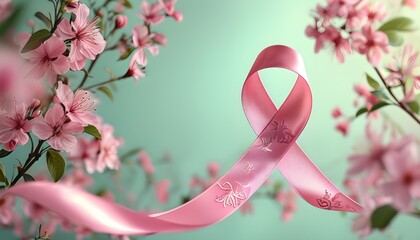 Wall Mural - Delicate pink ribbon on serene pastel backdrop for Cancer Awareness Day, inviting personalized messages amid vibrant colors and intricate patterns