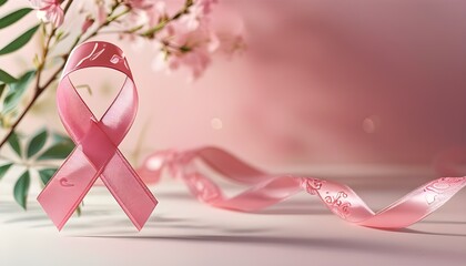 Wall Mural - Delicate pink ribbon on serene pastel backdrop for Cancer Awareness Day, inviting personalized messages amid vibrant colors and intricate patterns