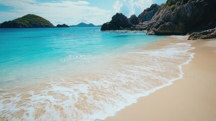 A pristine beach with soft white sand and turquoise waters gently washing ashore, framed by distant rocky outcrops.