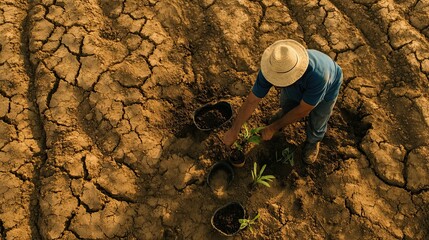 A Farmer Planting Saplings in Dry, Cracked Soil