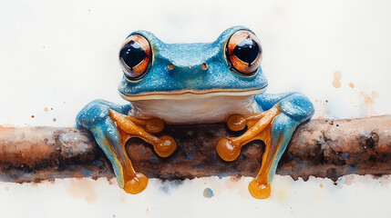 Vibrant blue frog perched on a branch, showcasing stunning colors and intricate details in a natural setting.