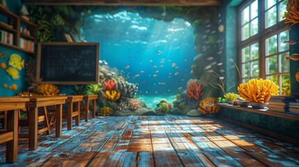 Poster - A classroom with a fish tank in the middle and a chalkboard on the wall. The room has a bright and cheerful atmosphere, with the fish tank providing a calming