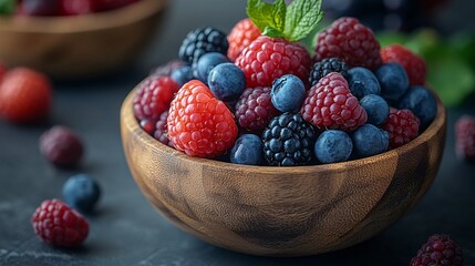 Wall Mural - Assortment of colorful berries in a wooden bowl, rich in antioxidants, highlighting brain health with a minimalist and realistic focus.