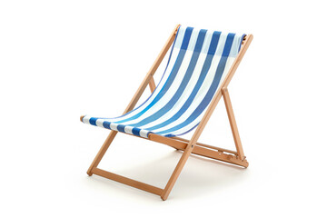 Striped blue and white folding beach chair with metal frame on white background. Concept of outdoor relaxation