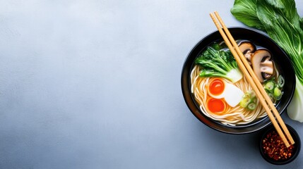 Wall Mural - Delicious Ramen Bowl with Vegetables and Eggs