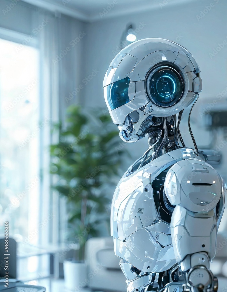 A highly detailed futuristic humanoid robot stands inside a modern room ...