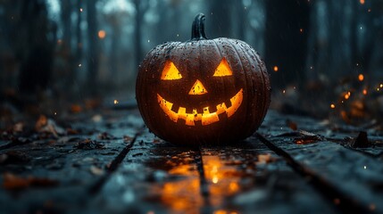 Poster - Scary Halloween pumpkin set wooden planks surrounded by creepy atmosphere