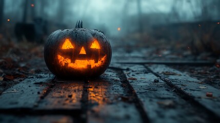 Poster - Scary Halloween pumpkin set wooden planks surrounded by creepy atmosphere