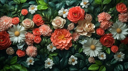 Wall Mural - Lifelike flowers and leaves arranged on a wall, creating a realistic and vibrant botanical mural.