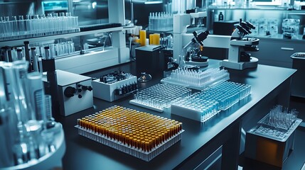 Poster - Laboratory Workstation with Test Tubes, Microscopes, and Equipment