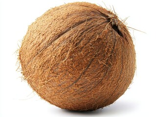 A whole coconut with a rough textured shell isolated on a clean white background.