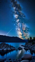 Wall Mural - lake starry night tahoe milky way abstract abyss alpine america astral astronomy background beautiful black blue breathtaking bright california dark darkness deep space galaxy glowing lake lake tahoe