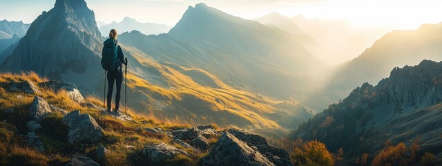 Wall Mural - a hiker overlooking a breathtaking valley at sunrise in the mountains, surrounded by vast landscapes