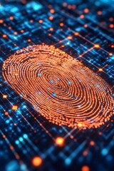 Poster - Glowing Orange Fingerprint On Circuit Board, Cybersecurity And Data Protection Concept