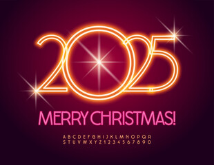 Aufkleber - Vector beautiful Greeting Card Merry Christmas 2025! Elegant Electric Font. Neon Alphabet Letters and Numbers set.