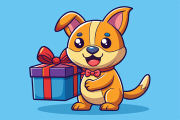 Poster - A cheerful cartoon dog with a bowtie happily stands beside a colorful gift box, a cartoon character Cute dog cartoon with gift box