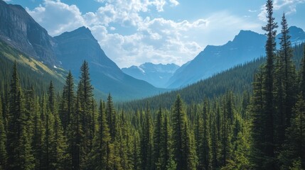 Wall Mural - Lush green trees lining a valley beneath towering mountain peaks, bathed in soft sunlight and scattered clouds.