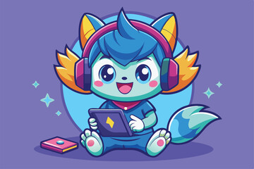 Poster - the adorable character plays games while wearing headphones, radiating joy in a vibrant atmosphere, 