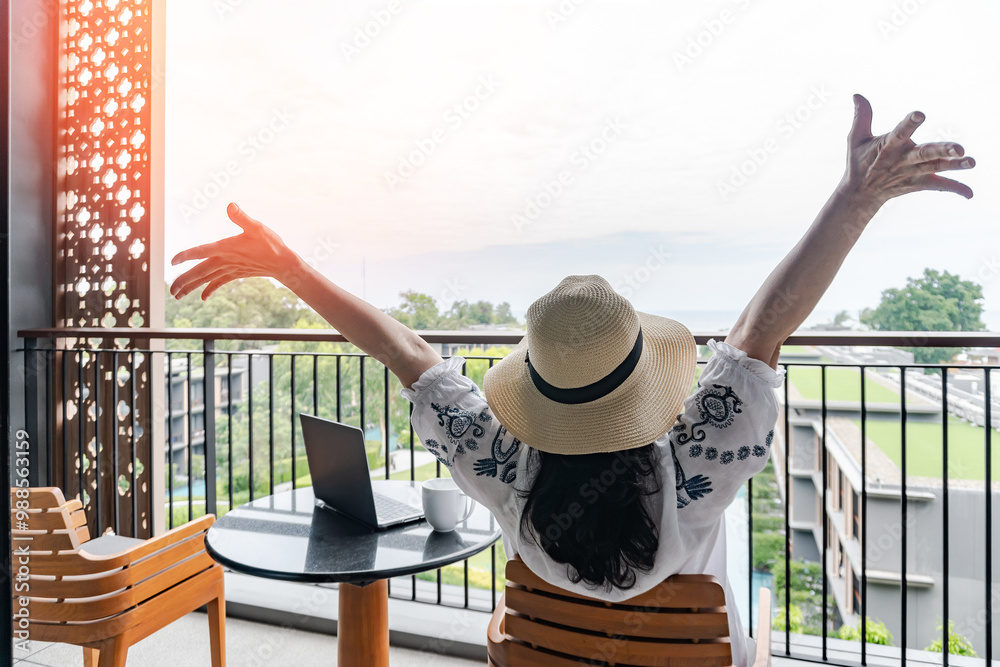 Work-life balance, summer holiday vacation concept with happy woman ...