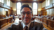 © Art_spiral - Smiling Lawyer Taking a Selfie in a Courtroom Wearing a Suit and Glasses