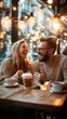 © Achirawee - Couple laughing over coffee at a cozy cafe, mid angle, warm ambient light.