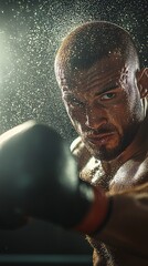 Poster - boxer throwing a punch in the ring, closeup, intense shadows and lighting.