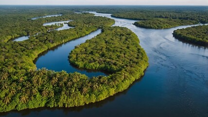 Aerial view of lush river islands surrounded by water.