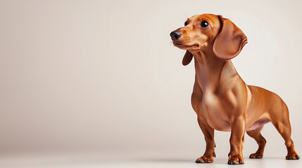 A playful Dachshund standing proudly on a white background, its long body and short legs creating a charming, elongated silhouette.