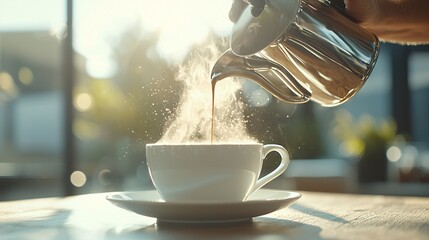 Poster - Artisan pouring coffee in a small local cafe, closeup, soft morning light.