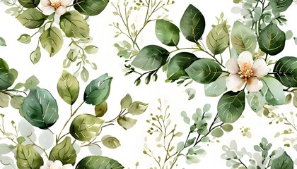 Elegant green foliage pattern on white wallpaper with isolated watercolor floral decorations