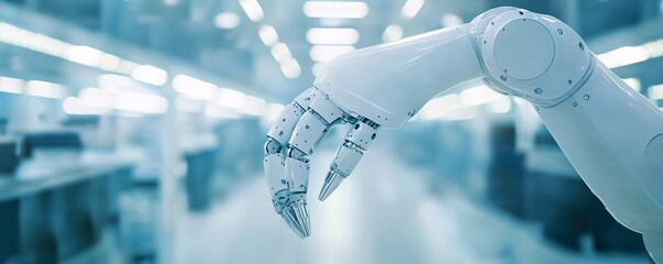 Poster - Robotic arm assembling products in a hightech factory, mid angle, clean lighting.