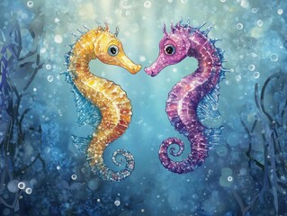 two colorful baby seahorses illustration on detailed underwater background