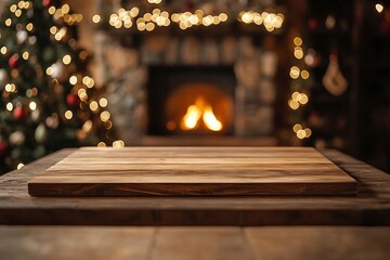 Wall Mural - Christmas festive template and wooden board mock up for product. Stylish wooden table against christmas tree with lights and burning fireplace. Christmas background, copy space with generative ai