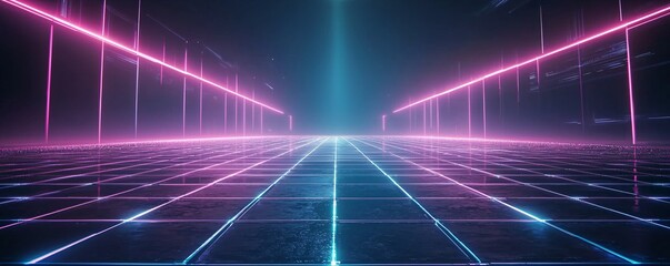 Poster - Neon grid horizon in a retro futuristic setting.
