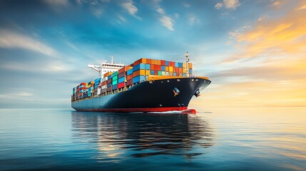 A container ship sails on a calm blue ocean.