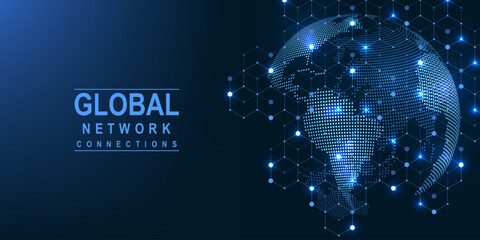 Leinwandbilder - Global network connection concept. Big data visualization. Social network communication in the global computer networks. Internet technology. Business. Science. Vector illustration