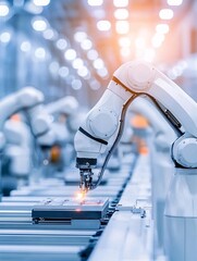 Poster - robotic arm assembling products in a hightech factory, mid angle, clean lighting.