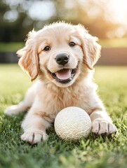 Puppy playing with a ball in a sunny backyard, wide angle, bright natural light.