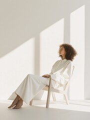Poster - Person in neutral clothing sitting in a minimalist chair, side view, soft shadows.