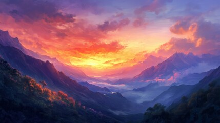 Wall Mural - a breathtaking sunset over a mountain range with vibrant colors illuminating the clouds in the early