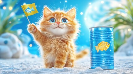 Cute kitten holding fish flag next to fish can on a beach