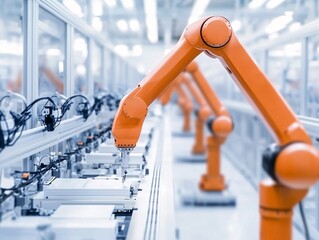 Poster - Robotic arm assembling products in a hightech factory, mid angle, clean lighting.