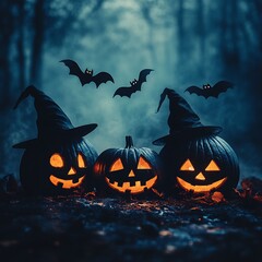 Poster - Spooky Halloween frame featuring jackolanterns witches hats flying bats Set against a minimalistic dark backdrop this frame creates a chilling atmosphere for Halloween memories