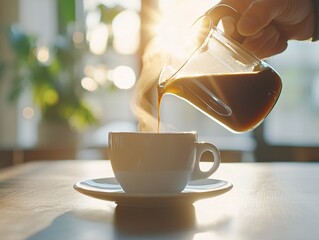 Poster - Artisan pouring coffee in a small local cafe, closeup, soft morning light.