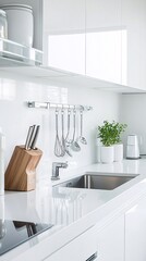 Poster - Elegant kitchen with sleek countertops and minimal utensils, wid eangle, bright lighting.