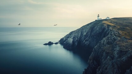 Wall Mural - A remote lighthouse perched on a rocky cliff overlooking a vast, calm ocean, with waves gently lapping against the shore below.