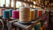 © Earny - Close-up of colorful thread spools arranged on a wooden shelf in a cozy craft room.