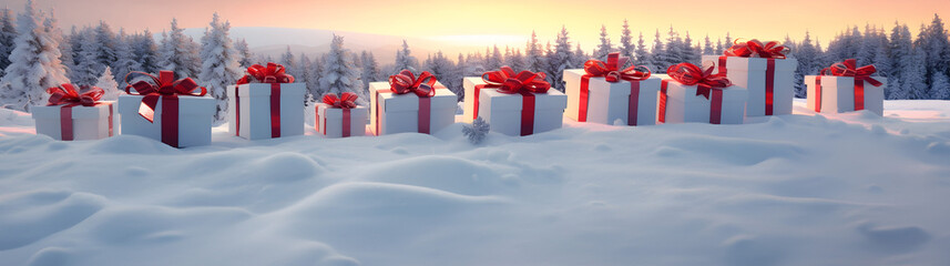 Large group of Christmas gifts with red ribbons on snow covered surface, snowfall and abstract background with snowflakes, spruce trees and sunset.