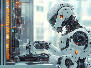 Poster - A futuristic robot working at a high-tech control panel in a modern environment.