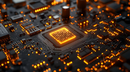 Poster - Close-up view of a circuit board with glowing components, showcasing intricate electronic details.